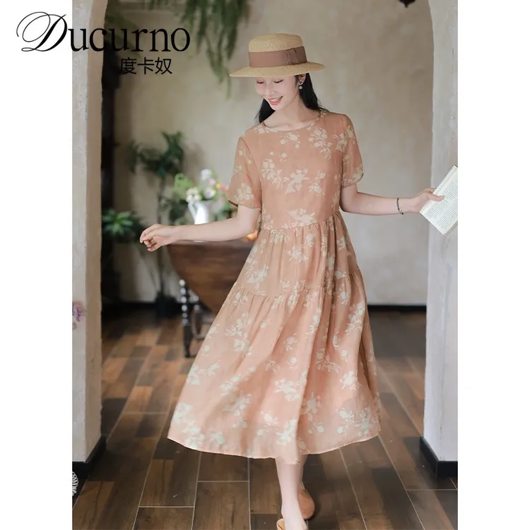 文艺显瘦小众连衣裙女短袖系带夏季2025年新款女装气质优雅长裙子