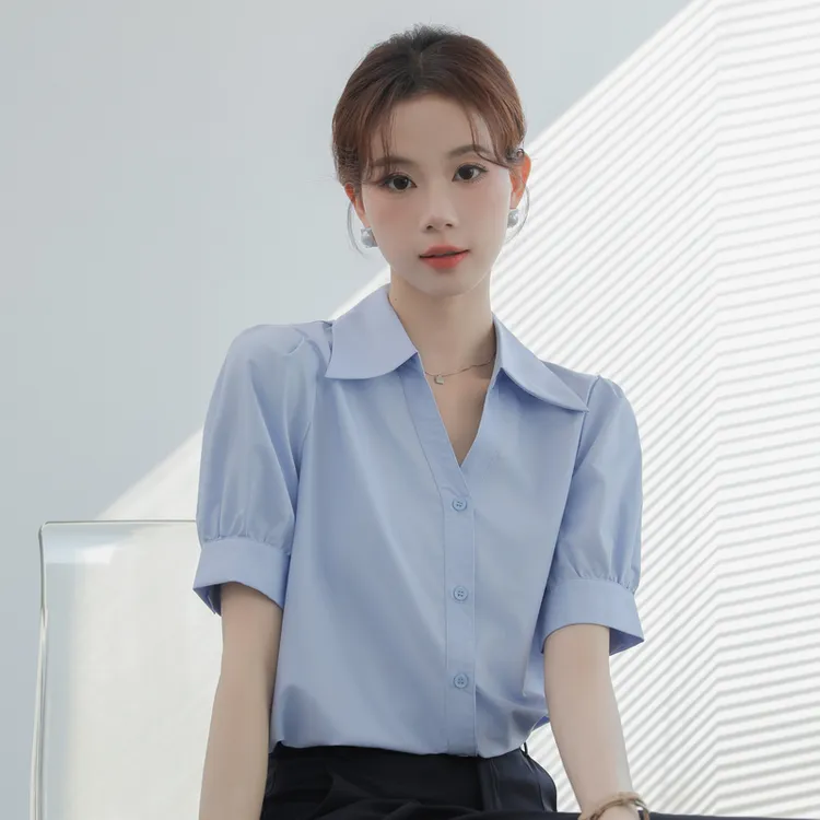 Polo领蓝色职业短袖衬衫女款夏季正装小众气质面试衬衣泡泡袖上衣