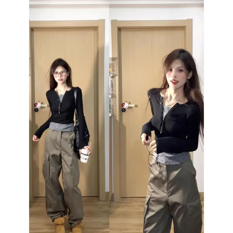 美式假两件长袖t恤女秋季2025新款内搭打底衫设计感小众修身上衣