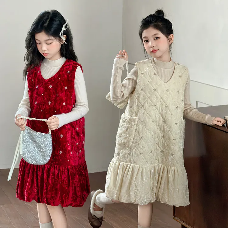 女童连衣裙加厚秋冬季儿童新中式面包群子宝宝冬装中国风背心裙