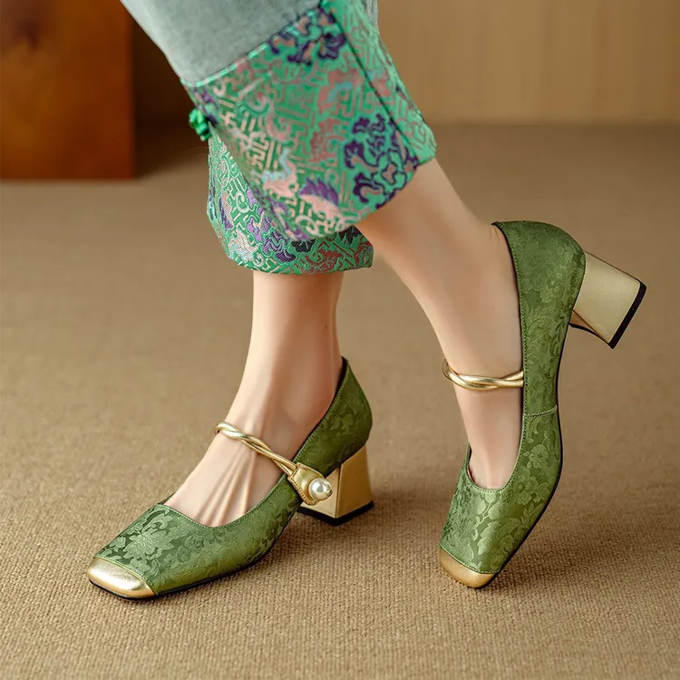 国风复古魔术贴高跟鞋玛丽珍方头浅口时尚百搭绿色夏季春季法式