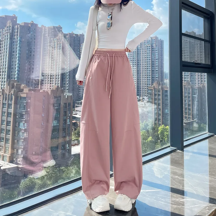 粉色阔腿运动裤女春秋2025新款宽松直筒弯刀裤美式高腰休闲香蕉裤