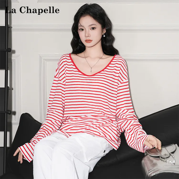 拉夏贝尔条纹防晒罩衫长袖T恤女2025年秋季大V领正肩宽松显瘦上衣