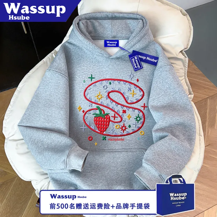WASSUP HSUBE潮流长袖秋冬印花卫衣百搭可爱草莓情侣休闲上衣宽松