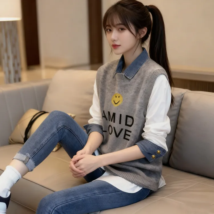 韩版时髦复古宽松圆领无袖提花针织背心+牛仔拼接休闲衬衫两件套