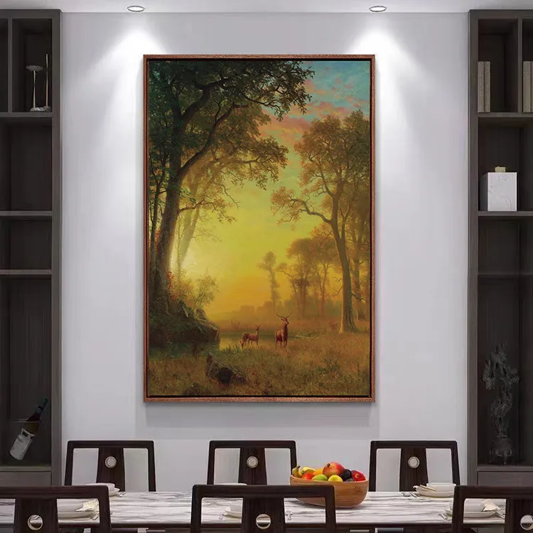 《金色鹿鸣》版画客厅餐厅千里江山玄关装饰画实木框挂画背景墙油画