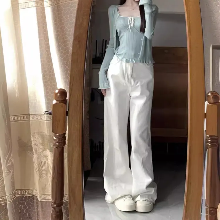 白色直筒大码牛仔裤女新款2024夏季大码胖宽松显瘦高腰阔腿裤子