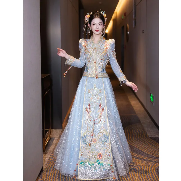 浅色重工秀禾服蓝色婚服2025新款结婚新娘嫁衣夏季薄款秀和服显瘦