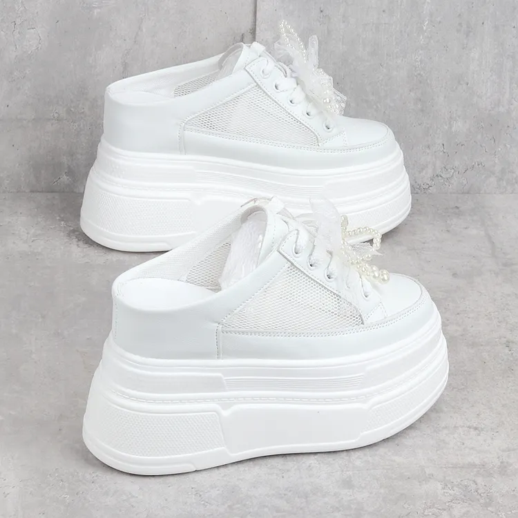 内增高12公分拖鞋女夏季新款网面厚底小个子10cm无后跟包头半拖鞋