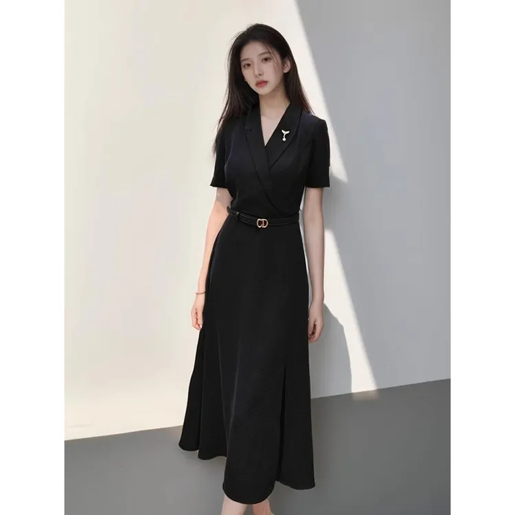 黑色西装修身连衣裙女夏季收腰法式长裙气质女神范职业正装工作服