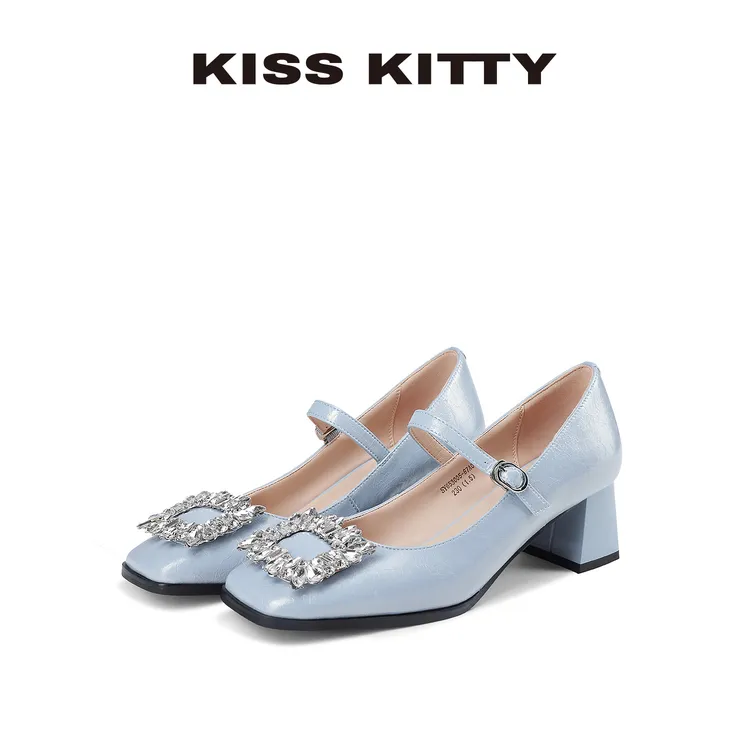 KISSKITTY玛丽珍鞋25年春秋季款精美方钻浅口女鞋气质增高