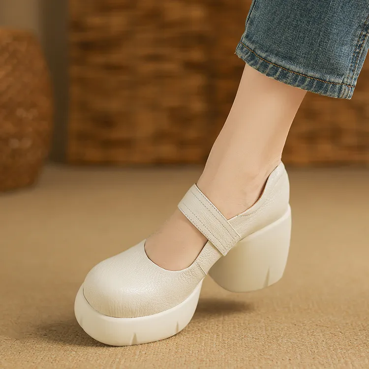 羊皮8.5cm厚底粗跟浅口单鞋女2025新款小个子圆头玛丽珍高跟鞋子