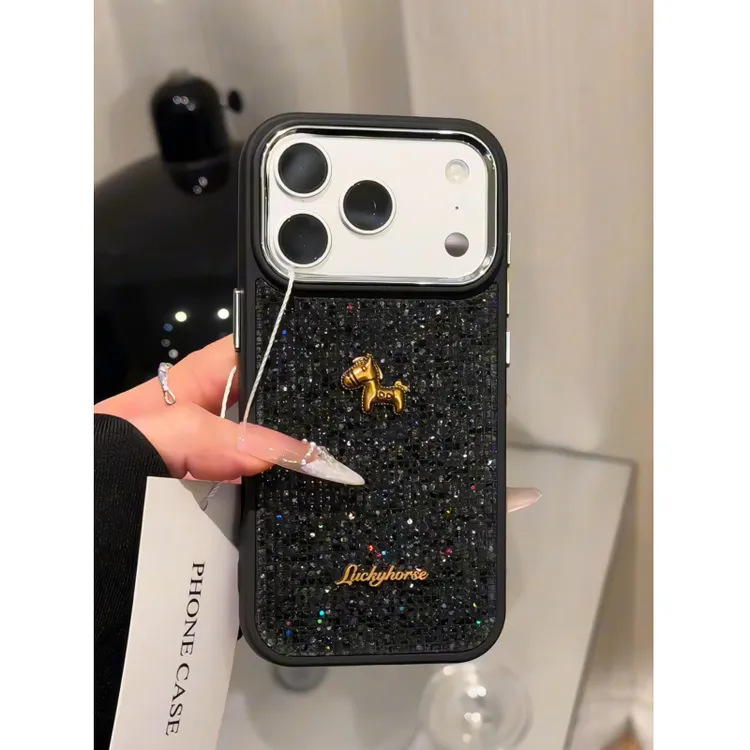 黑闪钻适用苹果17pro手机壳16pm电镀镜框闪钻防摔15plus华为p70女