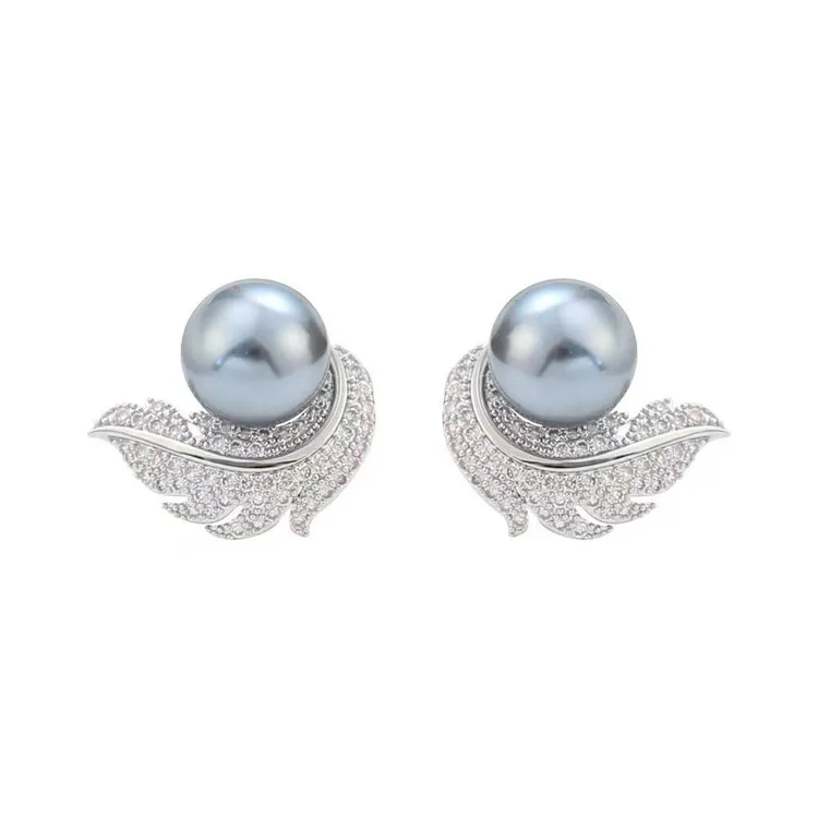 铜合金锆石耳饰 ZILING 925银针【羽毛珍珠】法式轻奢复古耳环