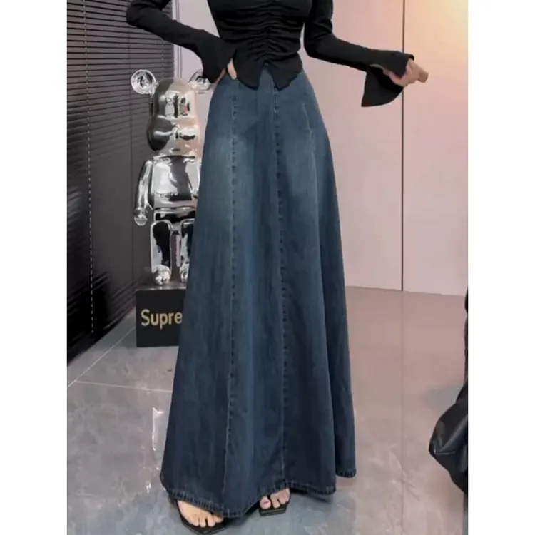 复古港风高腰牛仔半身裙女秋季2025新款时尚百搭伞裙A字显瘦长裙