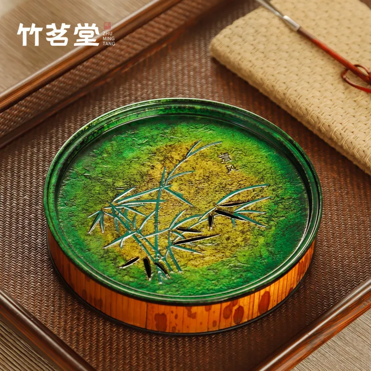 大漆梅妃竹壶承干泡台铜面储水式底座壶托家用茶台茶托盘功夫茶具