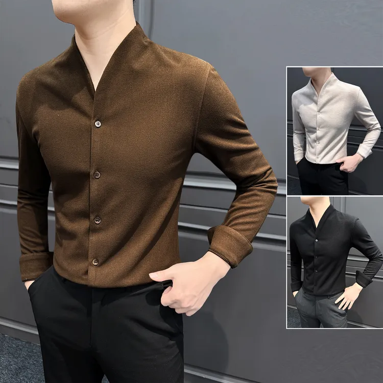 羊毛V领长袖衬衫男款新中式立领中山装秋冬毛呢厚款保暖男士衬衣