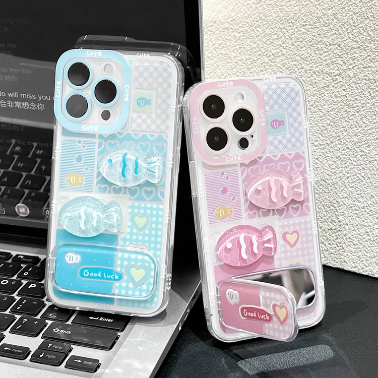 飞虎胜蓝格小鱼镜子支架壳适用iphone16/15手机壳华为vivoppo小米