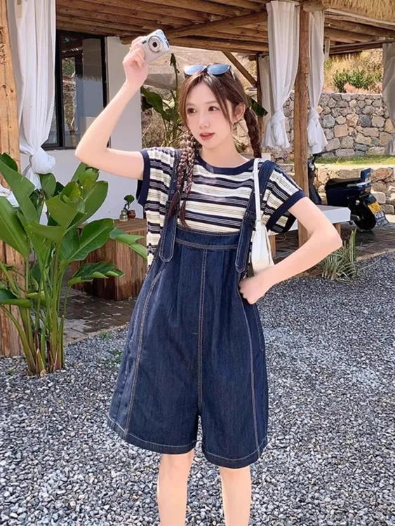 特大码300斤短袖牛仔背带裤套装学生小个子夏季新款减龄连体裤女