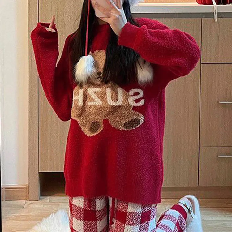 新年款本命年红色女款睡衣冬季半边绒加绒保暖长袖加厚家居服套装