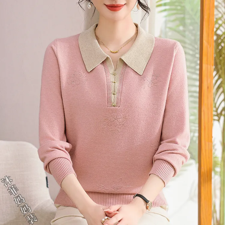 优雅气质妈妈秋装翻领百搭中老年女装春秋洋气针织打底衫长袖T恤