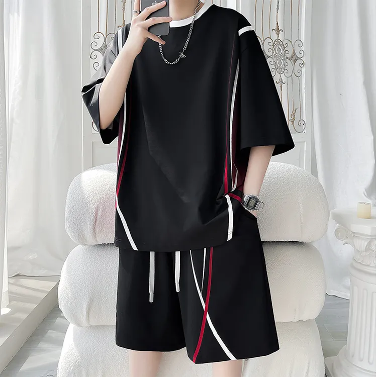 玛斯柏冰丝休闲运动套装男士夏季薄款拼色简约百搭短袖短裤两件套