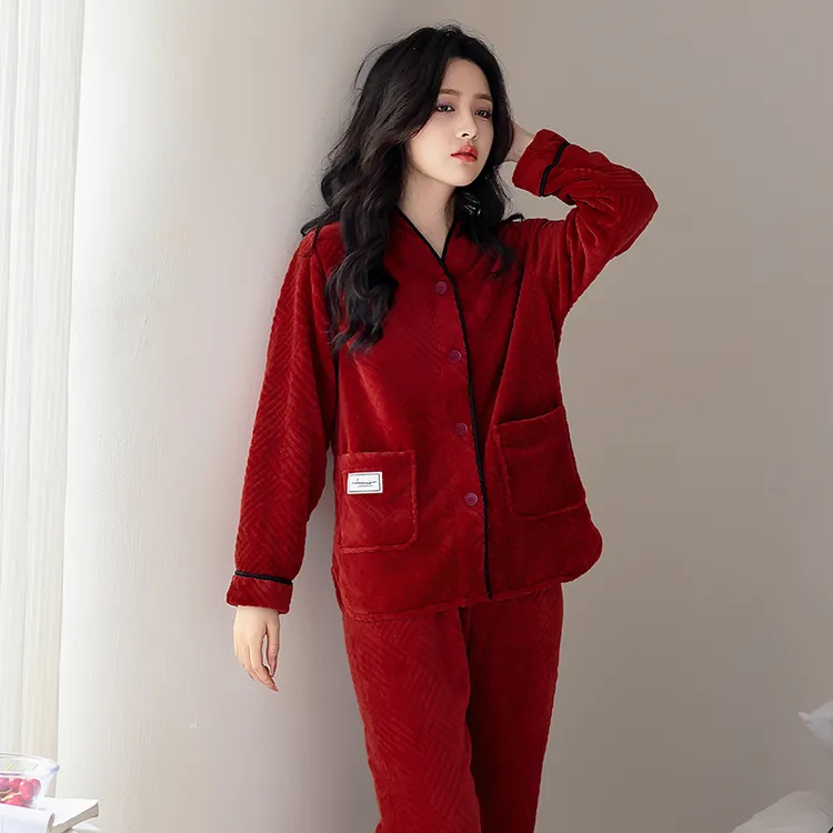 睡衣女秋冬季珊瑚绒本命年大红色加厚加绒保暖家居服结婚新婚套装
