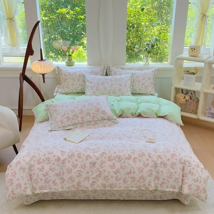 新款纯棉全棉吊边一字绣工艺款印花四件套韩式小碎花小清新斜纹