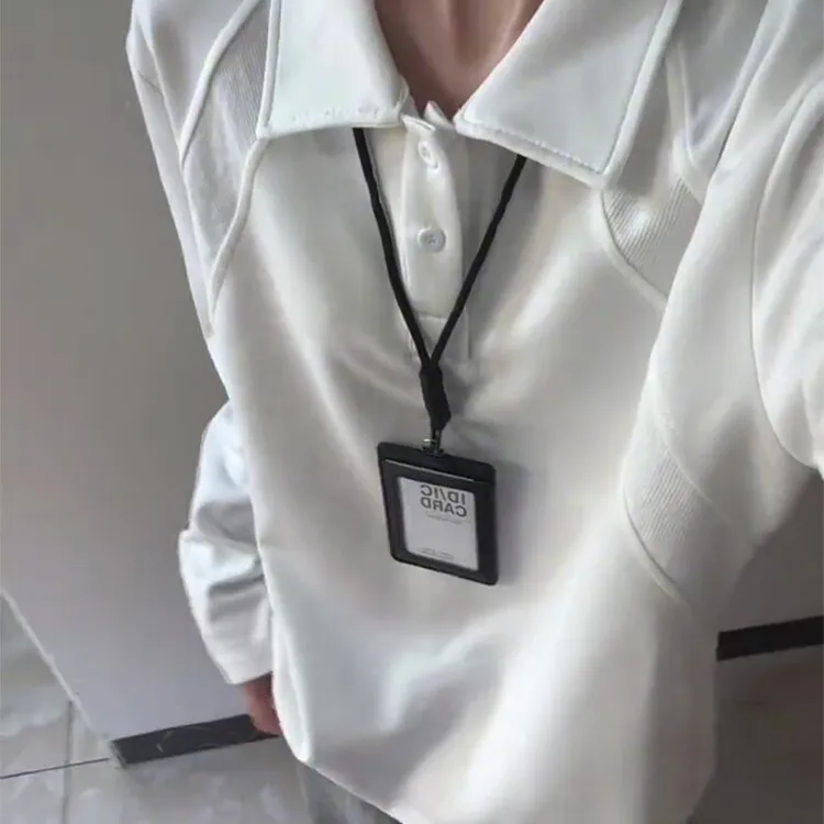 白色美式长袖polo衫男款秋季解构拼接插肩袖t恤cleanfit重磅卫衣