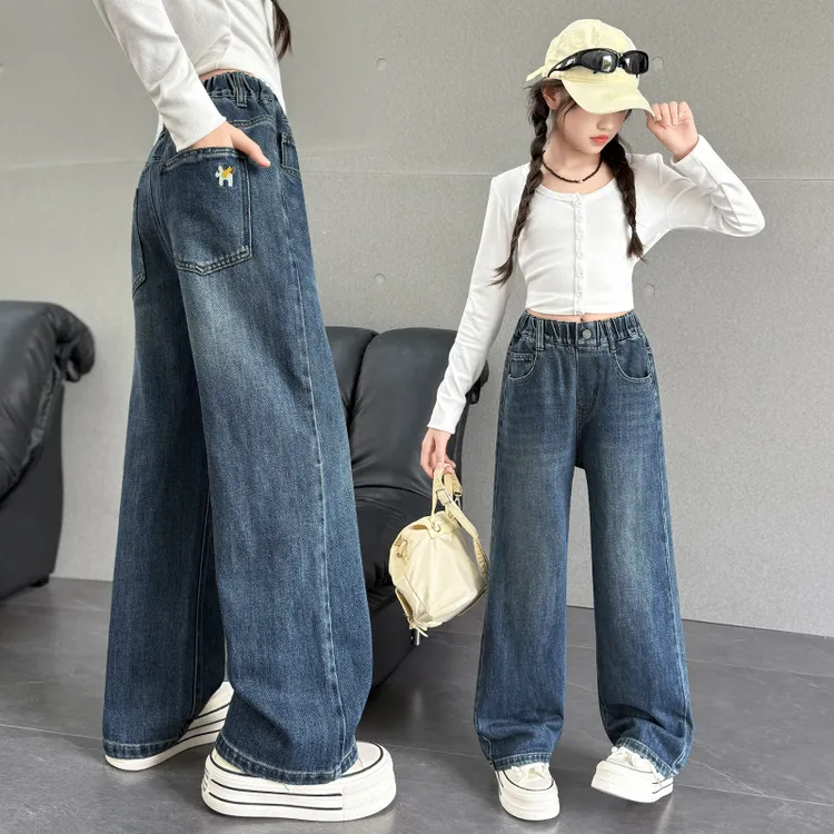 女童牛仔裤春秋款2025新款儿童裤子阔腿裤中大童秋季宽松直筒长裤