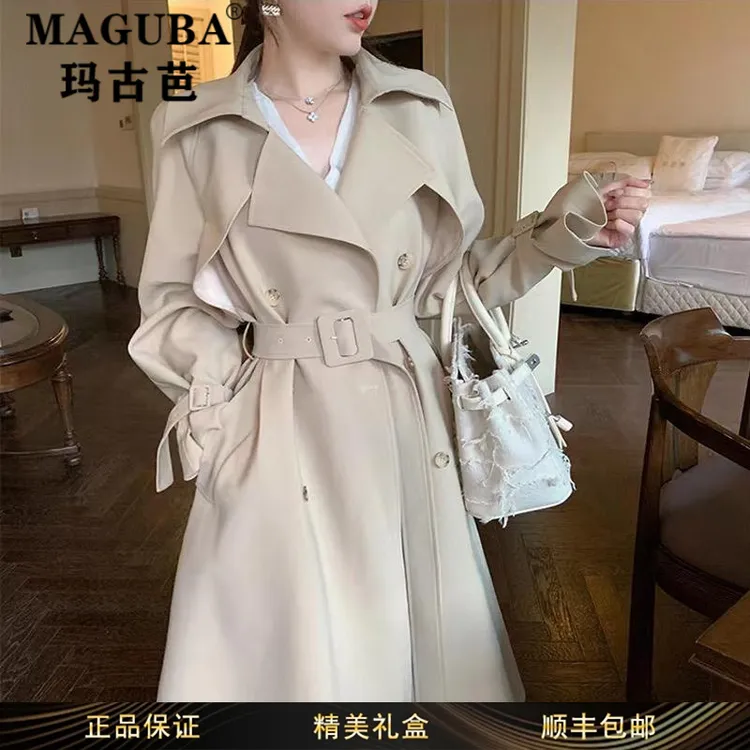 玛古芭女装时尚轻奢风衣外套女宽松休闲中长新款舒适休闲系带外衣