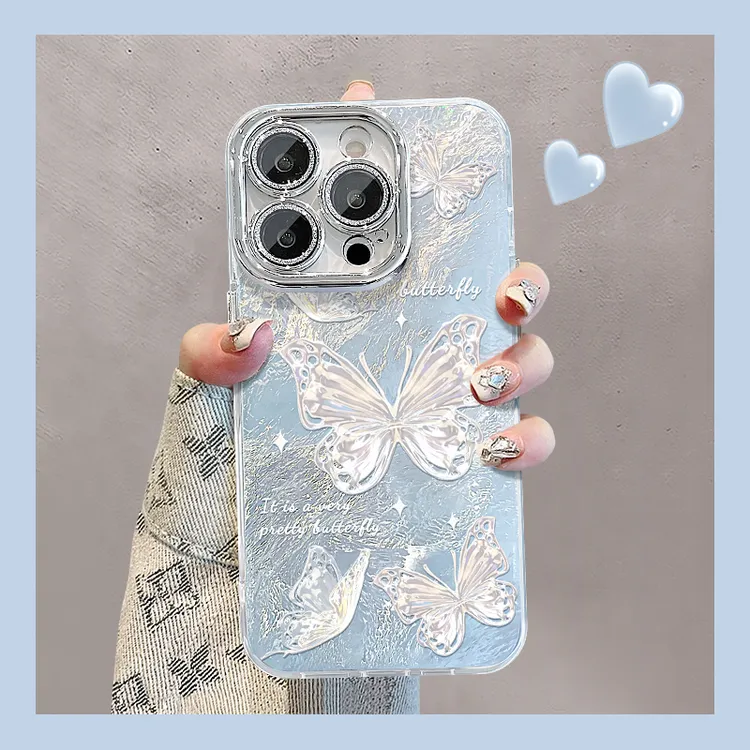 金属蝴蝶适用苹果15华为vivo/oppo小米iPhone16精孔冰川纹手机壳