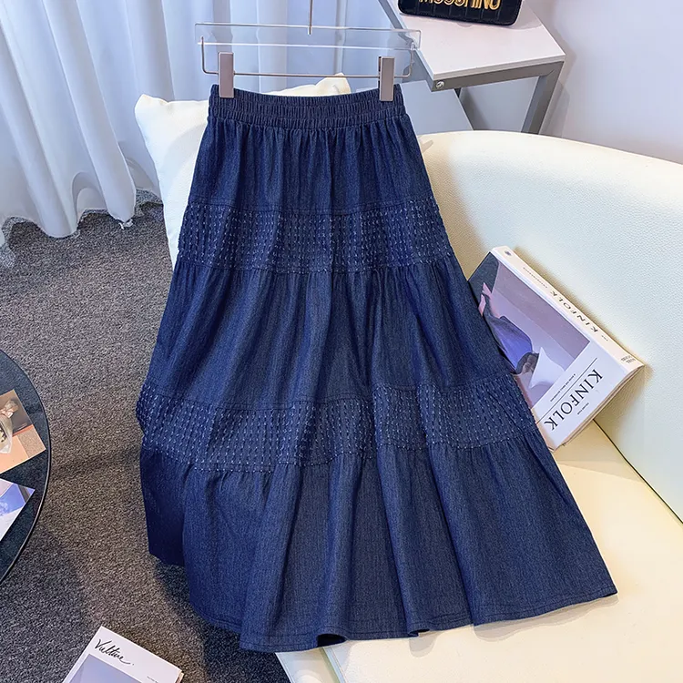 2025夏季新款大码女装薄款冰丝牛仔中长半身裙高腰显瘦胖mmA字裙