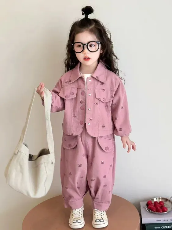 女小童满印花朵套装春秋款女宝宝翻领外套春装小女孩休闲两件套潮