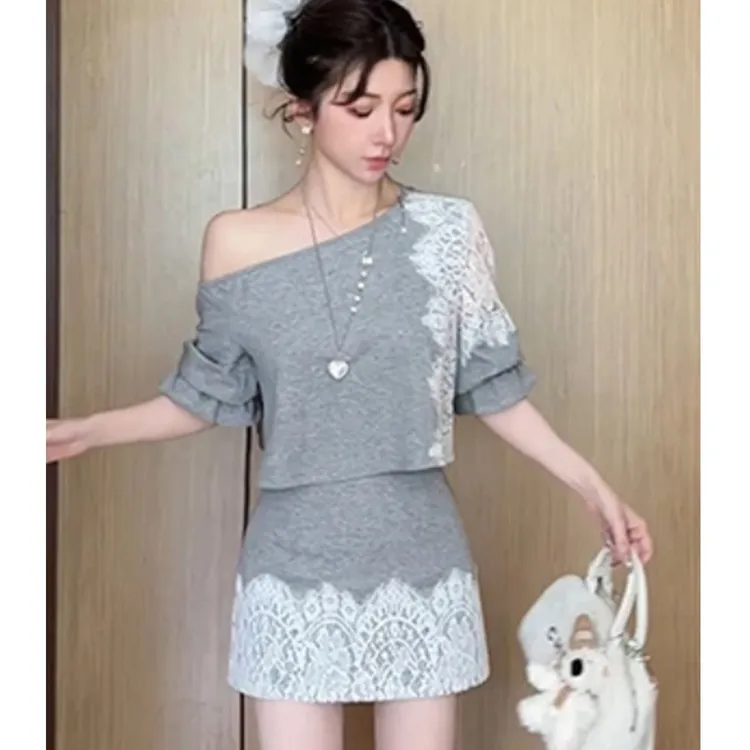 巨好看的夏日套装女2025夏季新款高级感拼接蕾丝上衣+短裙两件套
