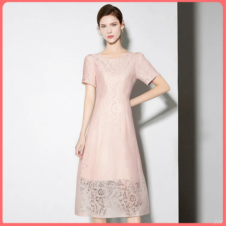 2025新款高级奢美姿连衣裙夏女粉色中长款印花蕾丝圆领裙子气质优