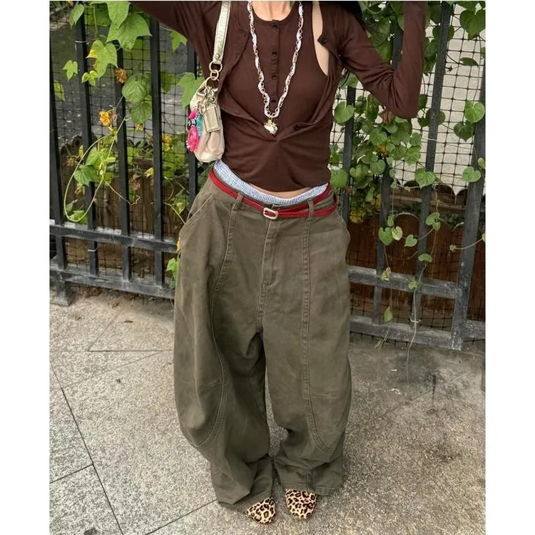 美式复古军绿色弯刀牛仔裤女2025春新款街头廓形阔腿拖地镰刀裤子