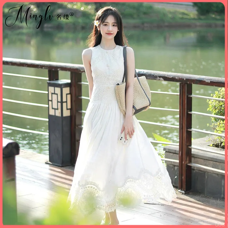精致连衣裙女夏季法式气质白色蕾丝高端无袖背心绝美仙女收腰裙子