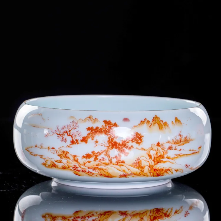 大号影青茶洗陶瓷家用描金山水茶洗笔洗茶具配件水洗水盂洗茶碗器