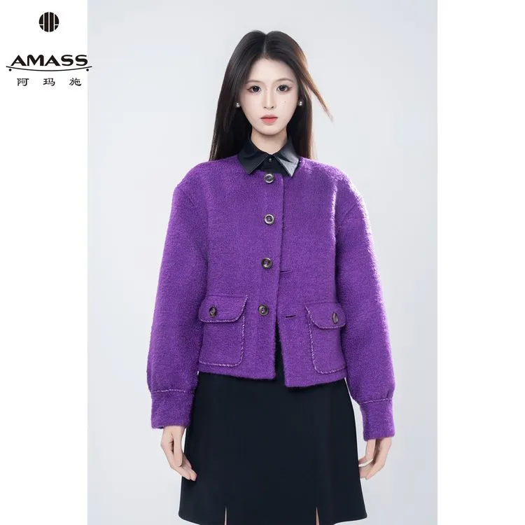 AMASS/阿玛施新款毛呢外套小香风针织短款羊绒紫色秋冬5400912