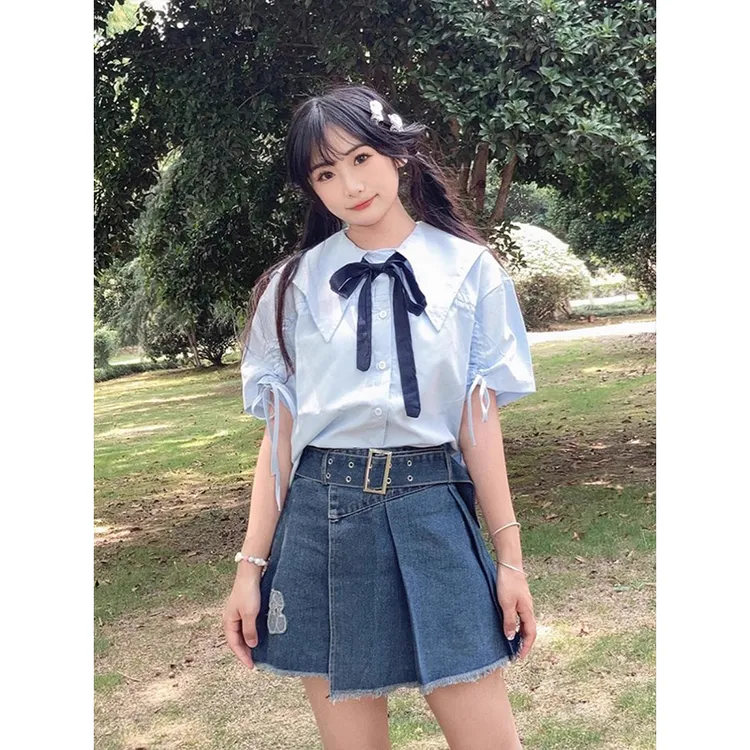 学院风牛仔短裙女夏季甜美气质刺绣半身裙女设计感高腰显瘦百褶裙