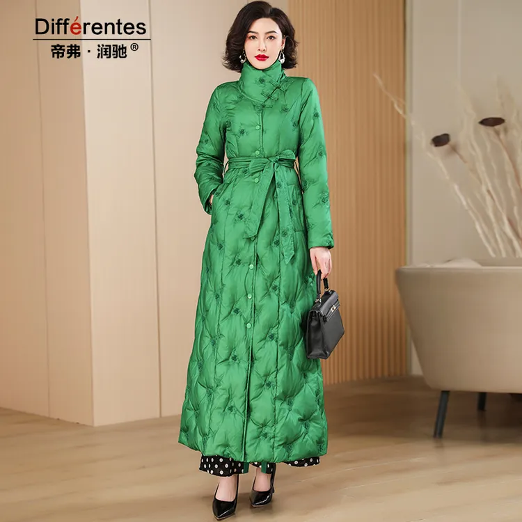 现货冬季新款新中式绿色时尚简约羽绒服精致提花高端长款外套女