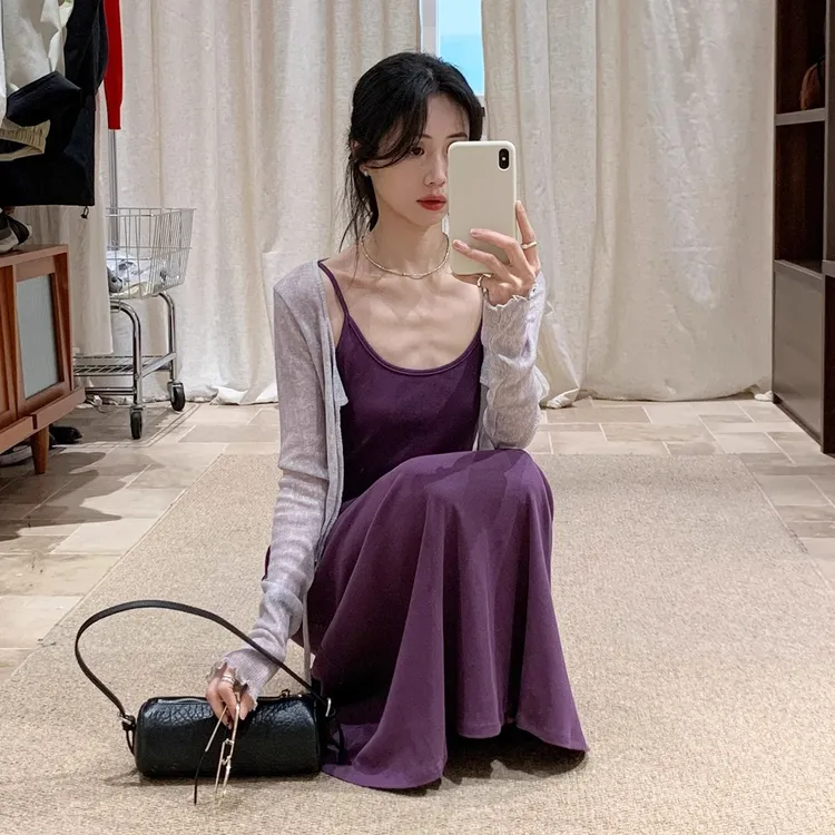 紫色绑带针织冰丝防晒开衫女薄款披肩夏季吊带裙子外搭小罩衫上衣
