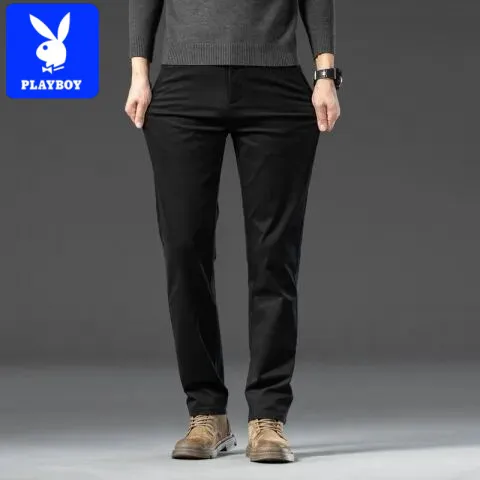 花花公子纯棉休闲裤子男士春秋新款商务宽松直筒西裤