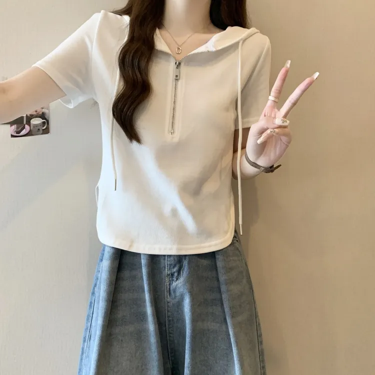 韩版设计感连帽休闲风短袖抗皱小个子甜辣风T恤染色拉链夏季显瘦