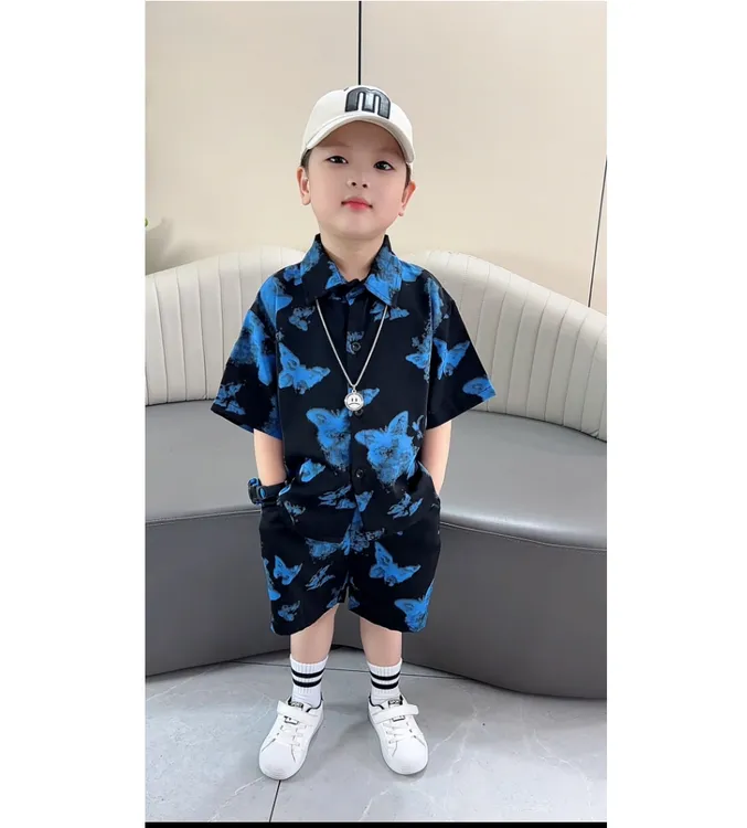 2025新款夏季男童时尚蝴蝶印花衬衫短裤潮酷夏装
