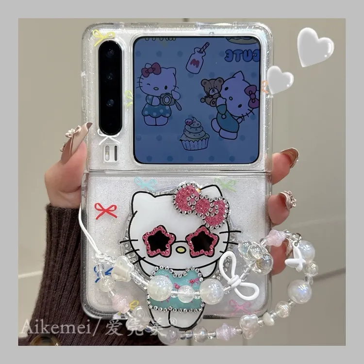 适用华为purax折叠屏手机壳闪粉蝴蝶结pocket2水钻kt猫磁吸支架女