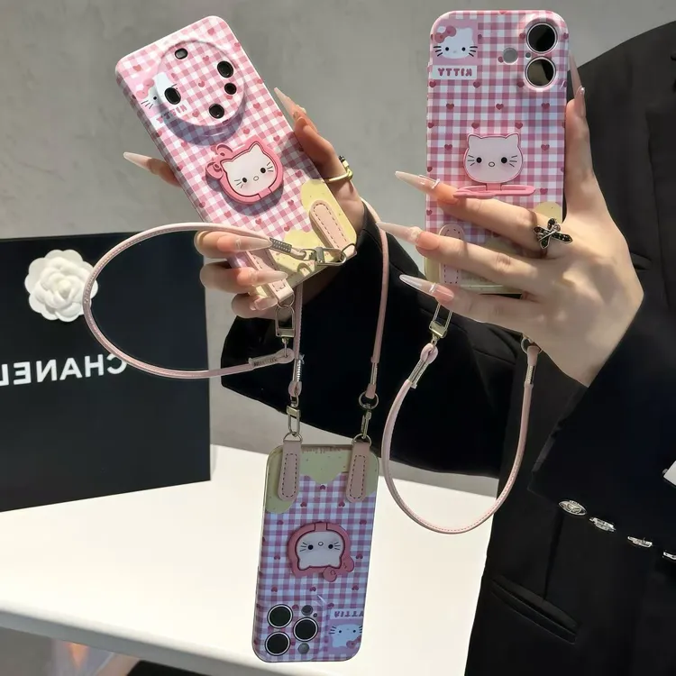 爱心格子KT支架挂绳适用苹果17手机壳iPhone16华为vivo小米14oppo