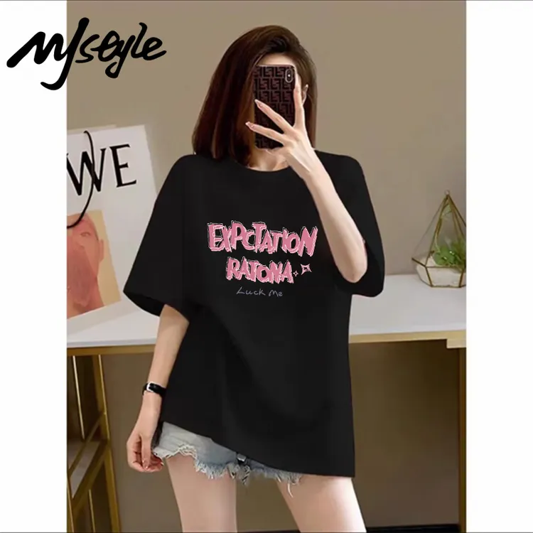 MJSTYLE正肩短袖t恤女夏2025新款时尚百搭小众设计感半袖美式上衣