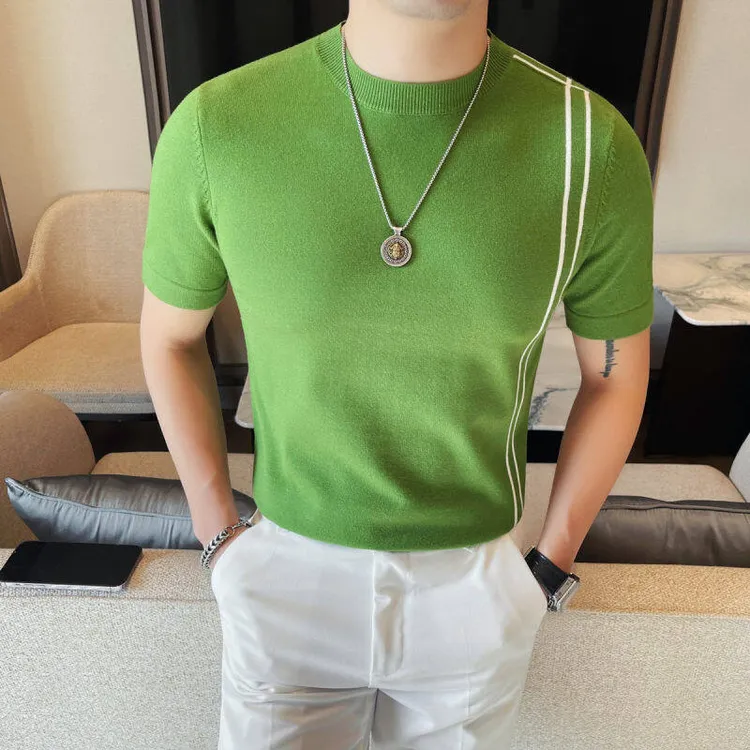 欧版型男轻奢短袖T恤时尚撞色圆领修身弹力春夏新款半袖针织衫男
